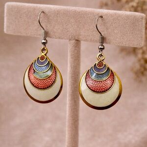 Vtg Cloisonne Enamel Multi Colored Geometric Vtg boho Mod Earrings
